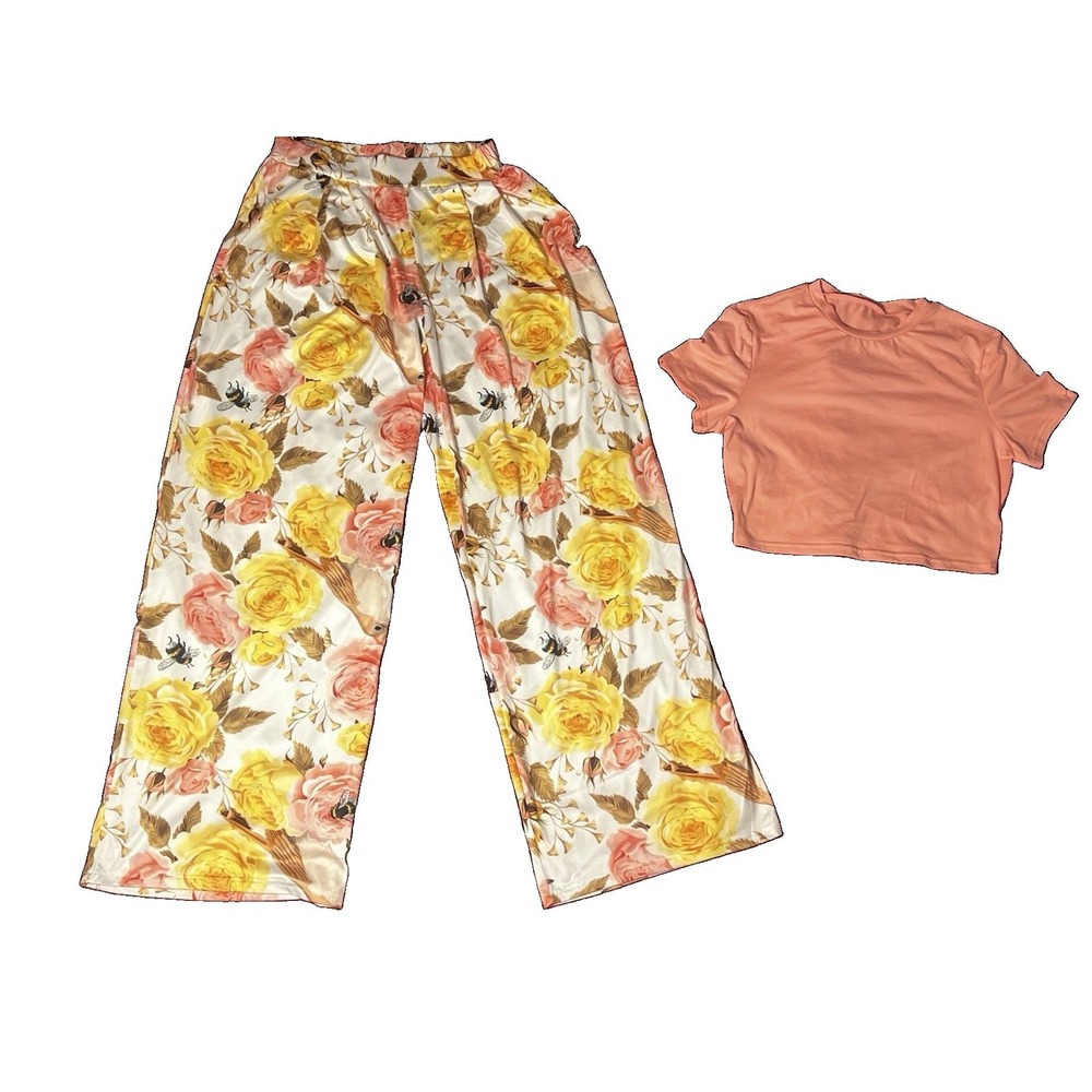 Brand New Floral Wide Leg Pants + pink Crop Top Set